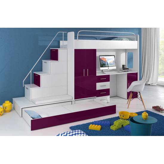1 Hochbett MAJA 5 mit Schreibtisch, 2  Schlafgelegenheiten und Kleiderschrank in Hochglanz weiß, schwarz, rosa, grau, violett, türkis
